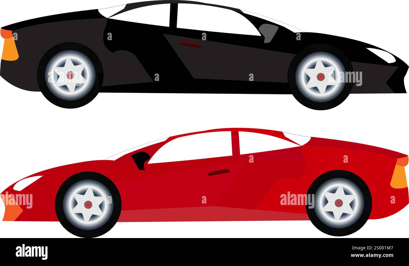 Zwei Autos mit schwarzen und roten Farben auf transparentem weißem Hintergrund Stock Vektor