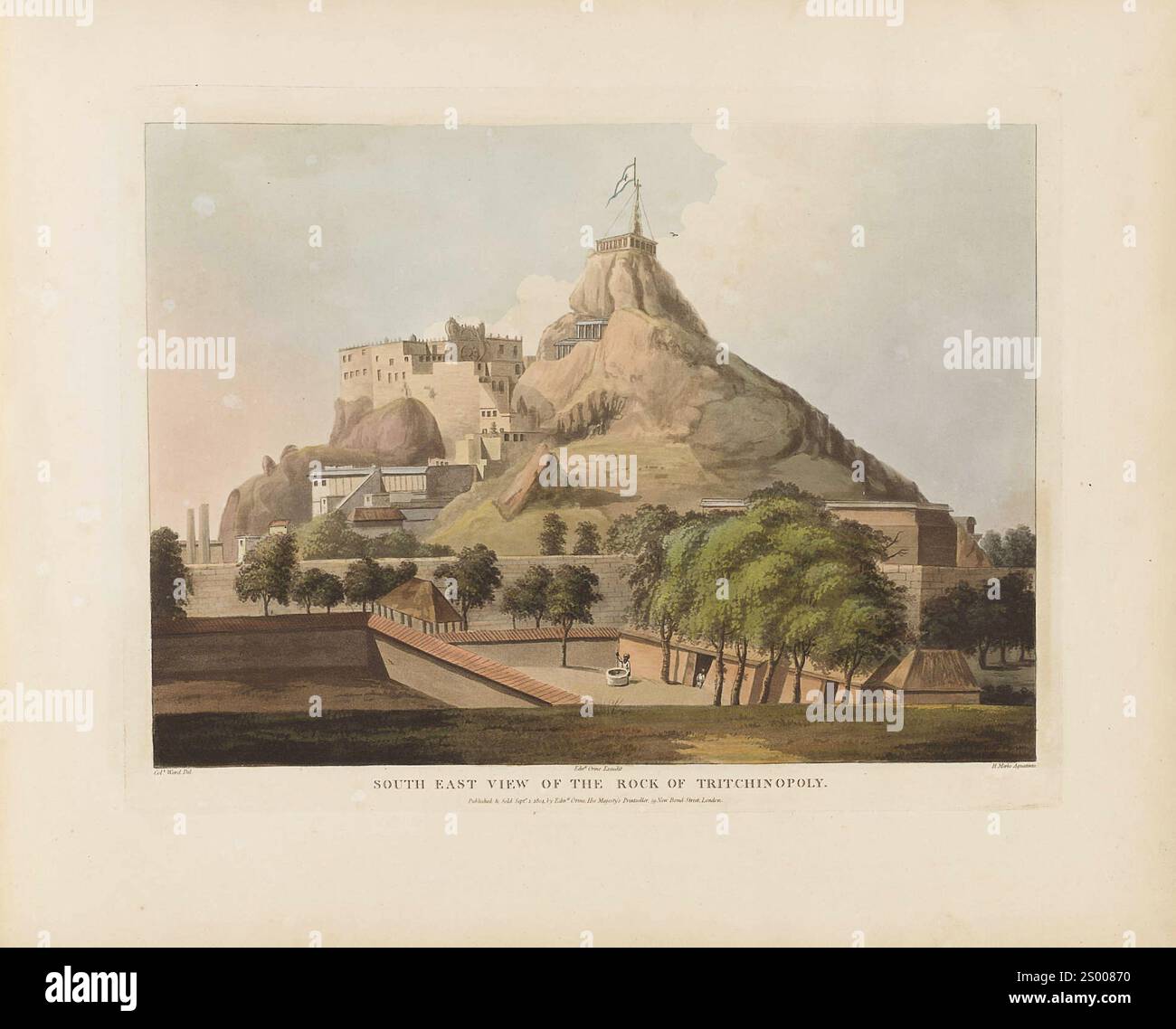Südöstlicher Blick auf den Felsen von Tritchinopoly. Aus der Sicht von Hindostan Aquatint aus der Arbeit von Colonel Ward, um 1800. Vintage britische Kolonialindien Illustration Stockfoto