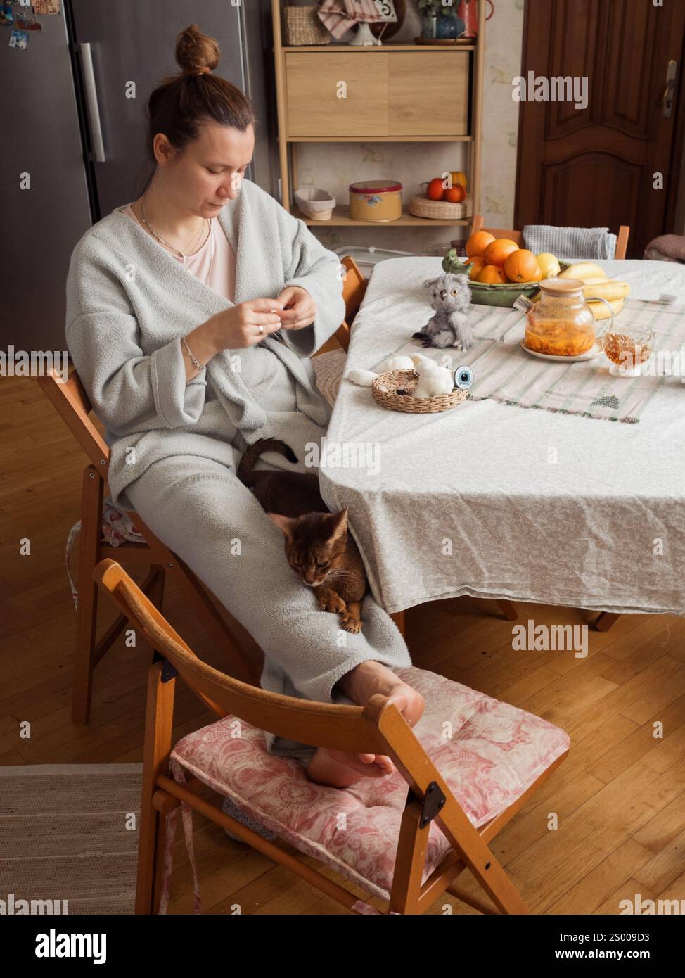 Frau, die in ihrer gemütlichen Küche bastelt, mit einer Katze auf den Beinen Stockfoto Frau, die in ihrer gemütlichen Küche bastelt, mit einer Katze auf den Beinen Stockfoto
