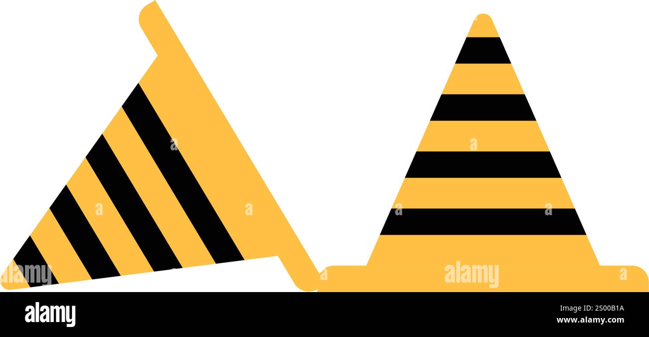 Verkehrssicherheitskegel Mit Gelben Und Schwarzen Streifen In Flacher Vektorillustration, Die Bauzone, Sicherheit Und Straßenwarnung Symbolisieren, Isoliert An Stock Vektor