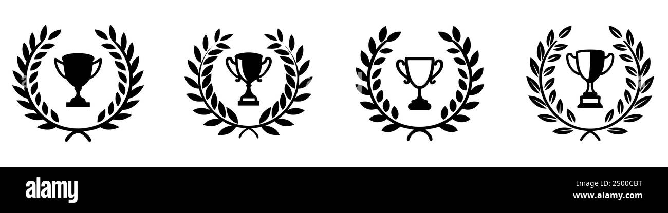 Set aus schwarzen Vektorsymbolen, die Trophäen darstellen, umgeben von Lorbeerkränzen, die Sieg, Erfolg und Erfolg symbolisieren Stock Vektor