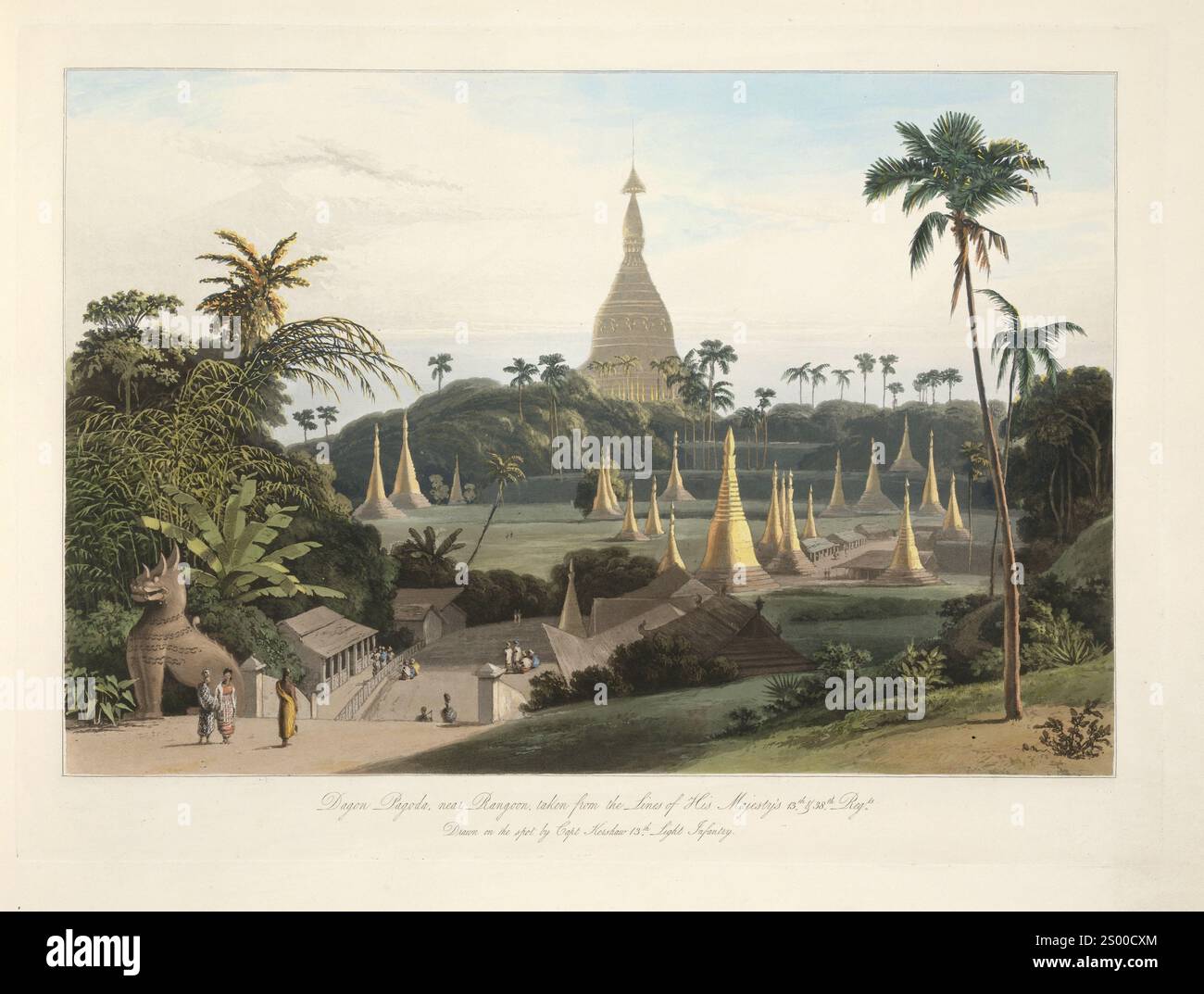 Dagon-Pagode, in der Nähe von Rangun, Birma. Aus Sicht des burmanischen Reiches. Gezeichnet am Fleck von Captain James Kershaw, 1831 Vintage-Illustration von Myanmar/Birma Stockfoto