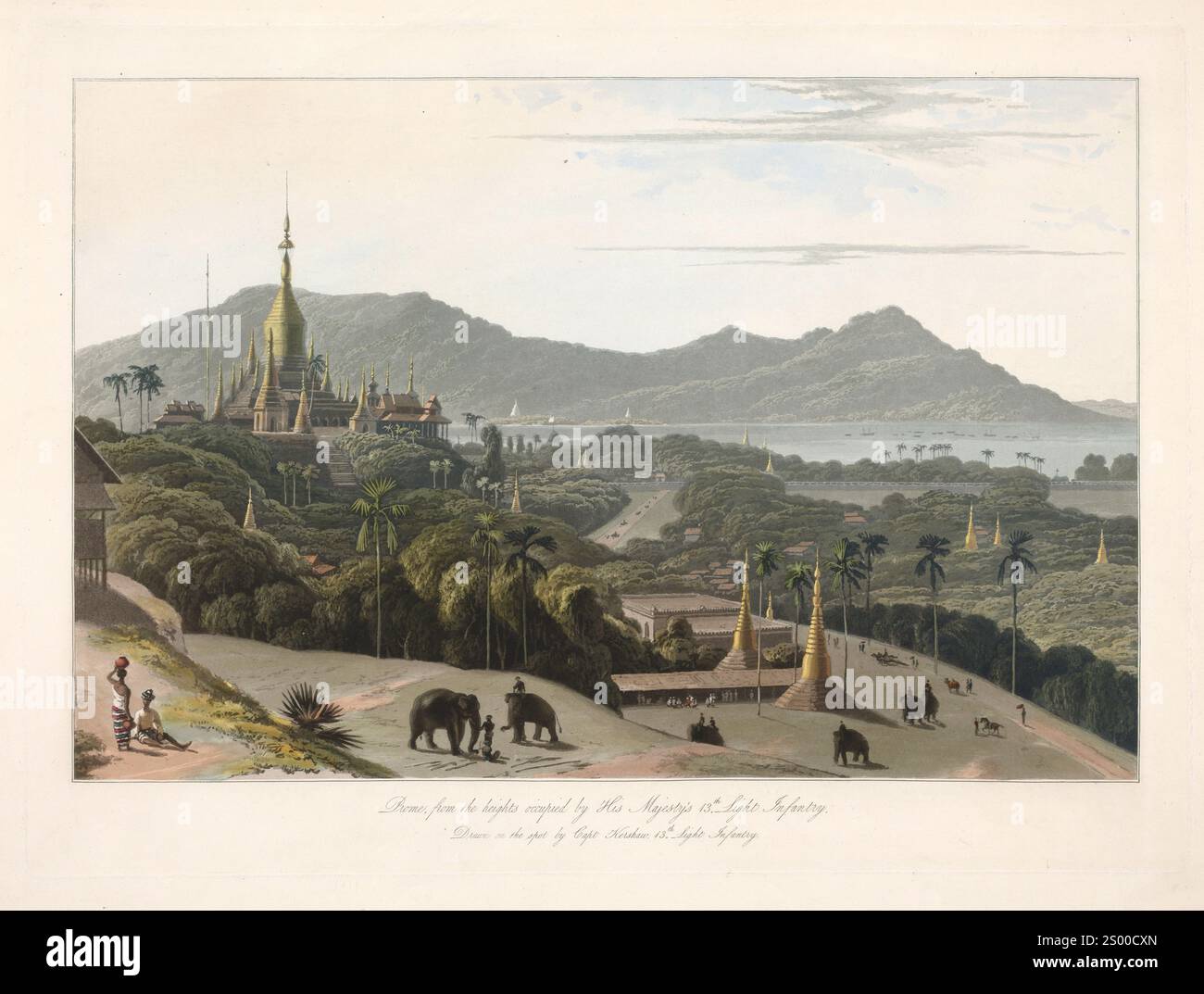 Prome (Pyay), Birma, von einem Hügel aus gesehen. Aus Sicht des burmanischen Reiches. Gezeichnet am Fleck von Captain James Kershaw, 1831 Vintage-Illustration von Myanmar/Birma Stockfoto