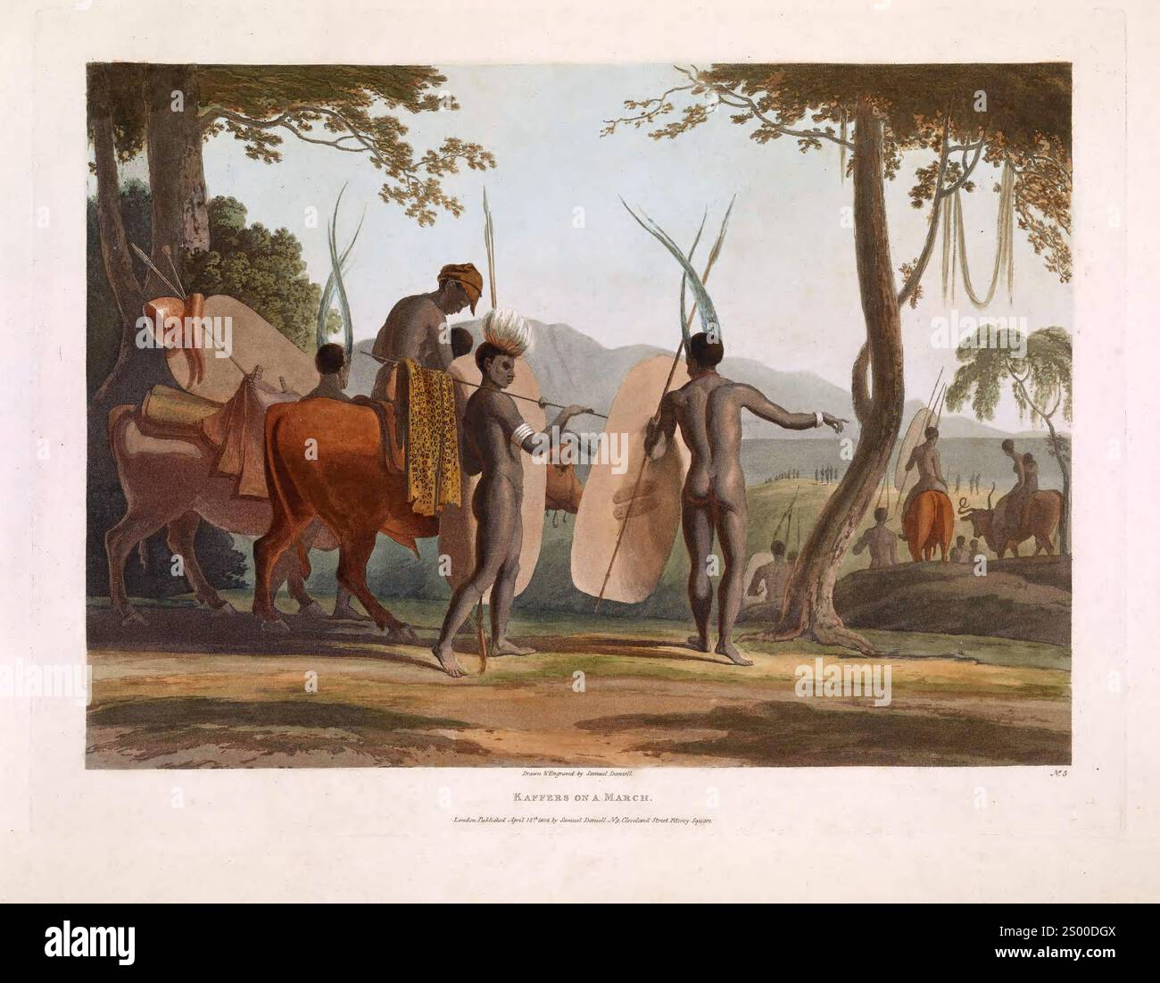 'Black South Africans on a March' - Teller signiert, gezeichnet und graviert von Samuel Daniell aus 'African Scenic and Animals' 1804 Stockfoto