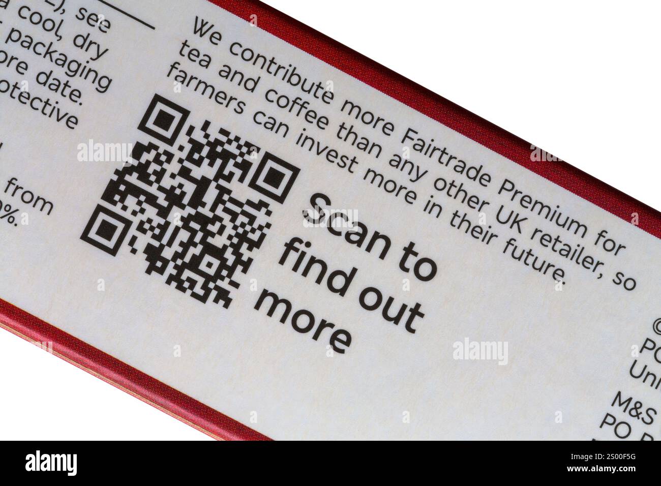 Scannen Sie, um mehr Fairtrade Premium zu erfahren – wir bieten mehr Fairtrade Premium für Tee und Kaffee als jeder andere Einzelhändler in Großbritannien Stockfoto