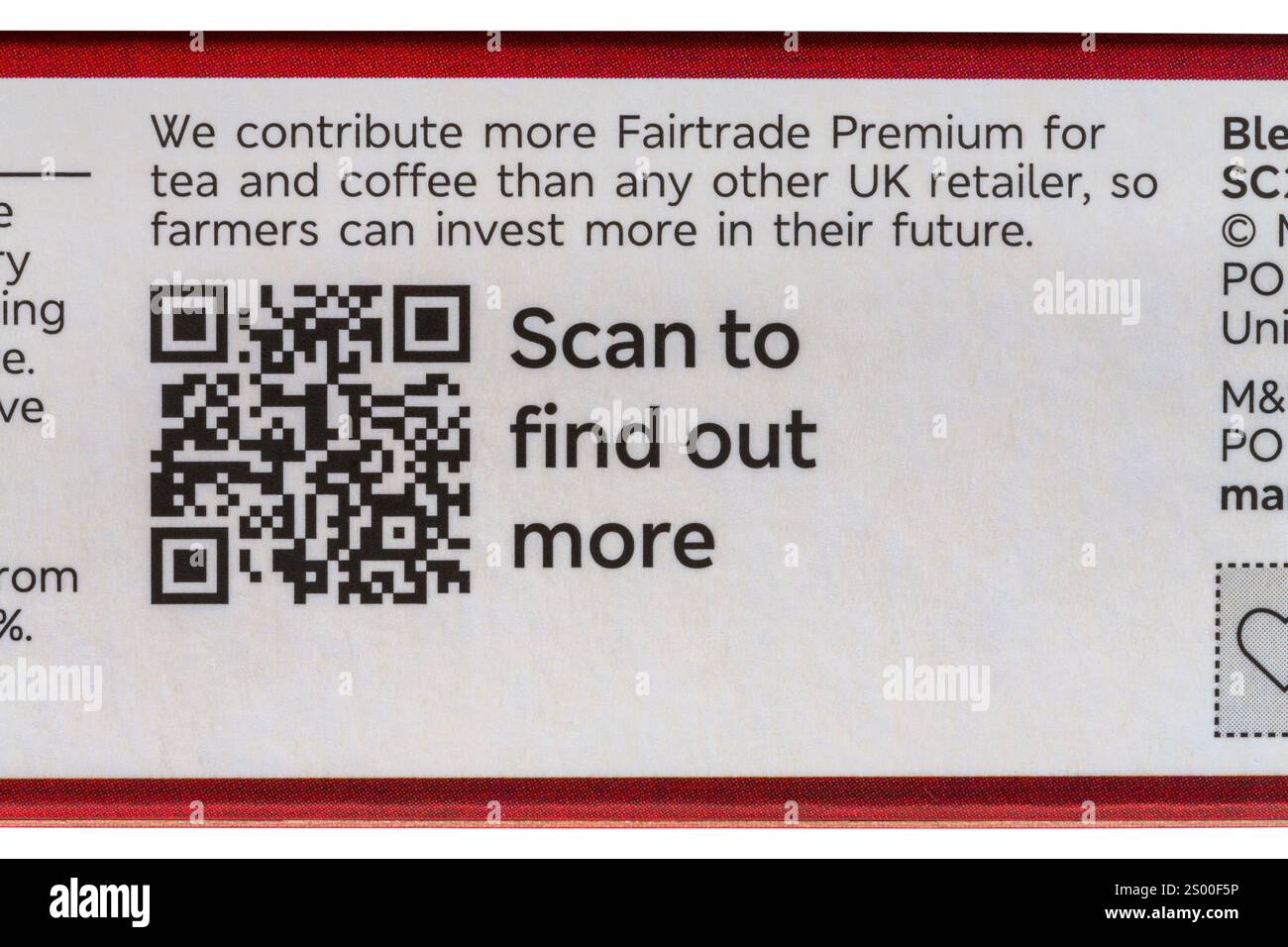 Scannen Sie, um mehr Fairtrade Premium zu erfahren – wir bieten mehr Fairtrade Premium für Tee und Kaffee als jeder andere Einzelhändler in Großbritannien Stockfoto
