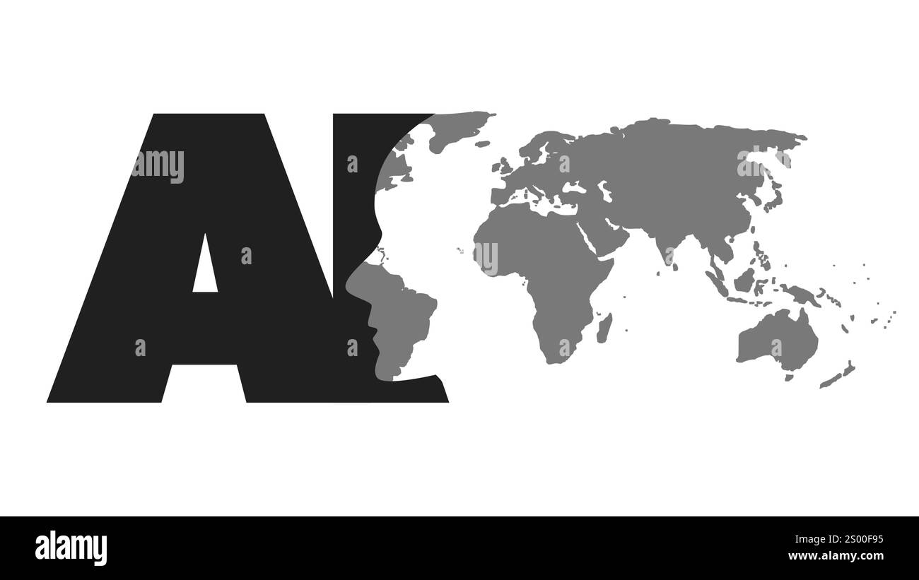 Black and White Machine Learning, Künstliche Intelligenz, Cloud Computing, Technologie- und Netzwerkdesign-Konzept mit Solid World Map, Robot Face an Stock Vektor