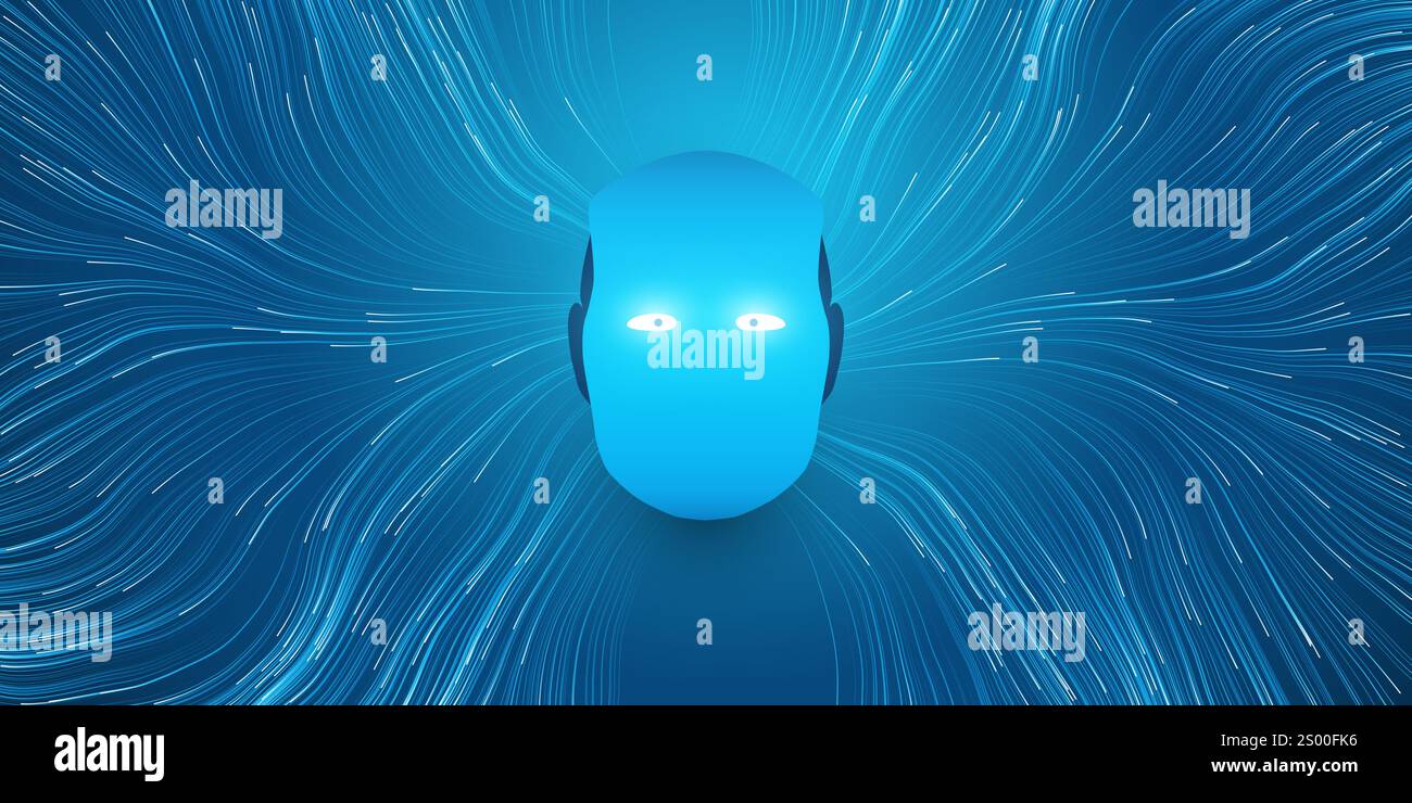 Blaues maschinelles Lernen, künstliche Intelligenz, Cloud Computing und neuronale Netzwerke Design-Konzept mit Roboterkopf mit leuchtenden Augen, geometrischem Netzwerk Stock Vektor