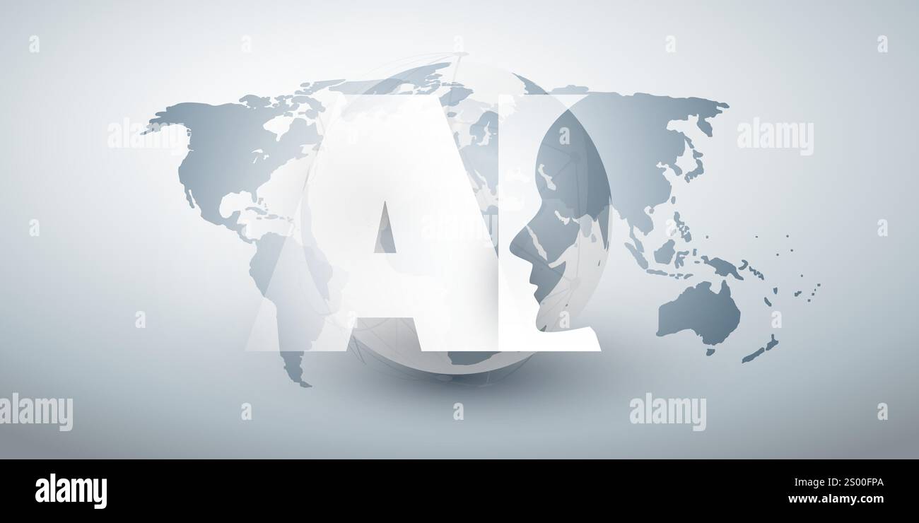 Machine Learning in Grau und weiß, Künstliche Intelligenz, Cloud Computing und Global Networks Concept mit World Map, Globe, Robot Face Profile und BI Stock Vektor