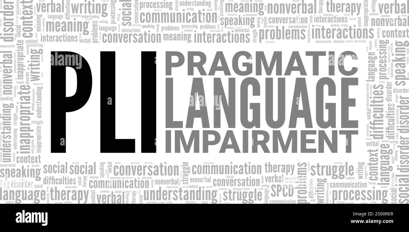 Pragmatic Language Impairment PLI Word Cloud konzeptuelles Design isoliert auf weißem Hintergrund. Stock Vektor