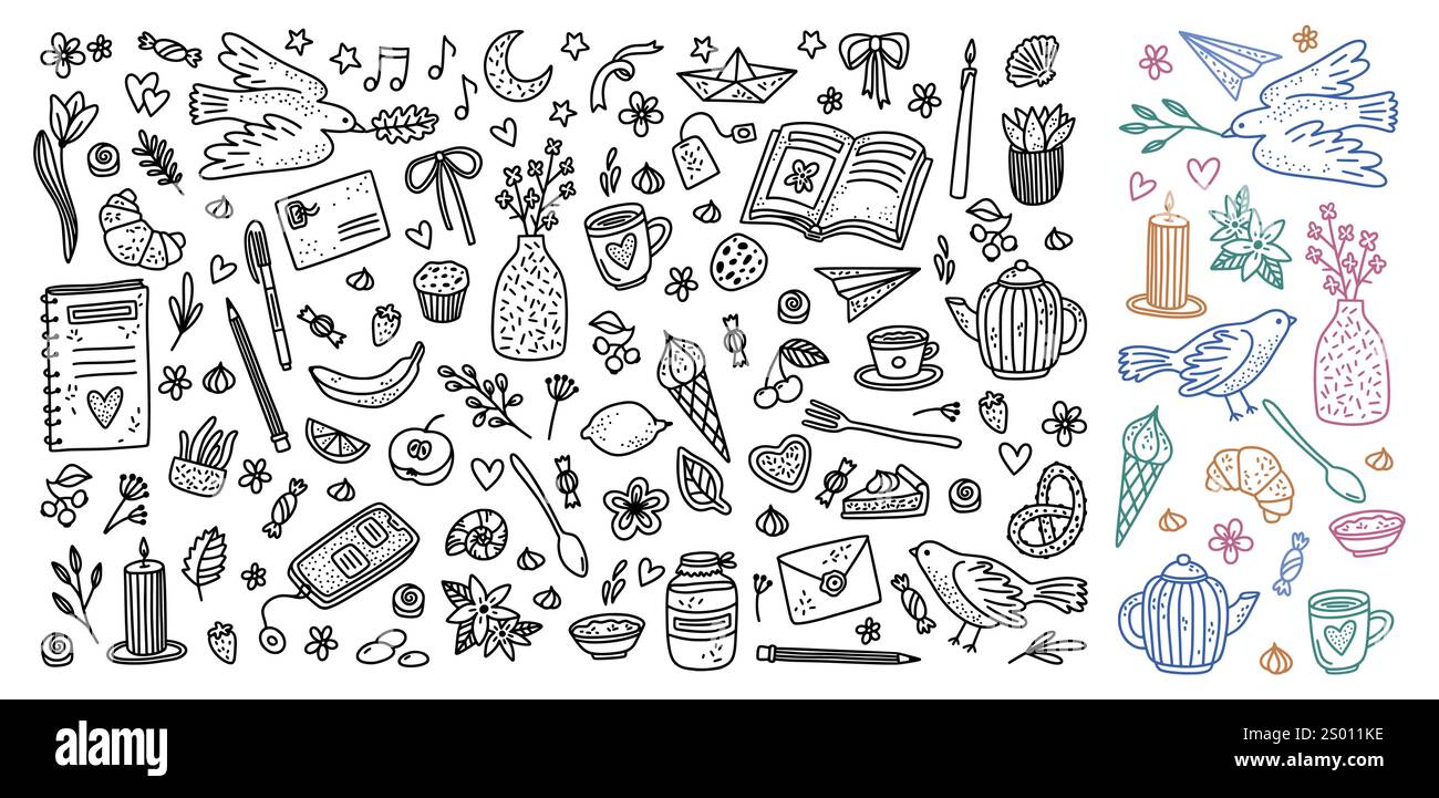 Süße Blumen. Handgezeichnete Rahmendekoration, Geburtstagssilhouetten mit Geschenk, Café und Kirsche. Mädchenhafte botanische Elemente für Karten und Poster. Niedliche Vögel Stock Vektor