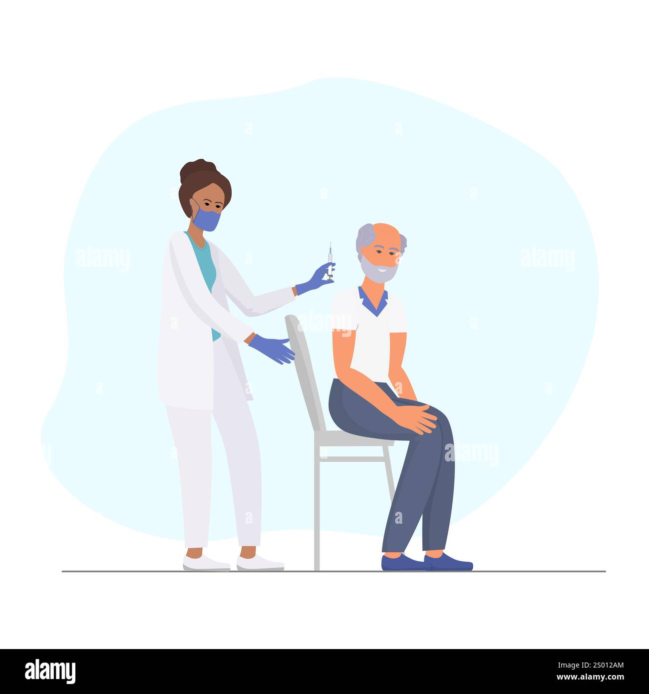 Ein Mediziner in weißer Uniform gibt einem älteren Mann, der auf einem Stuhl sitzt, eine Injektion Stock Vektor