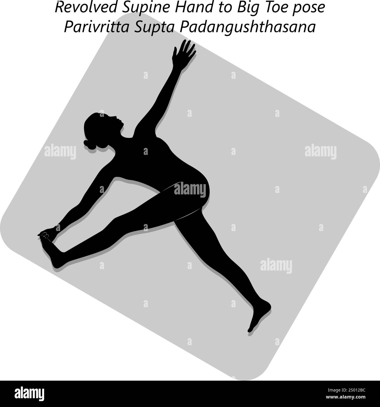 Silhouette einer Frau, die Parivritta Supta Padangushthasana Yoga-Pose praktiziert. Drehte die Hand in Rückenlage in die Großzehenposition. Isolierte Vektordarstellung Stock Vektor
