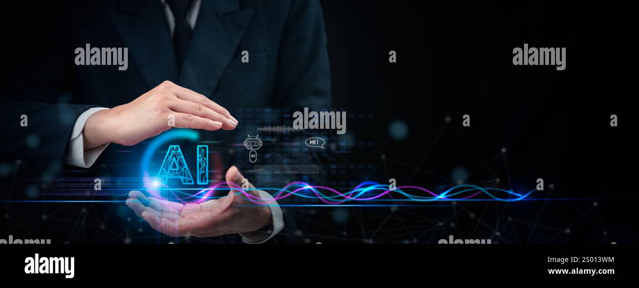 Geschäftsmann, der KI-Symbol in den Händen schützt, repräsentiert Kontrolle und Innovation in der Technologie der künstlichen Intelligenz. Ideal für technische Entwicklung, Auto Stockfoto