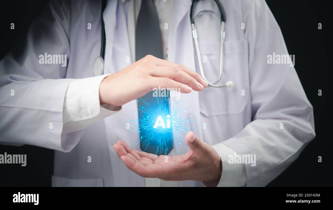 Arzt mit leuchtendem KI-Symbol, das Innovation im Gesundheitswesen und in der Medizintechnik repräsentiert. Perfekt für Gesundheitstechnologie, Forschung und KI in der Medizin. Stockfoto