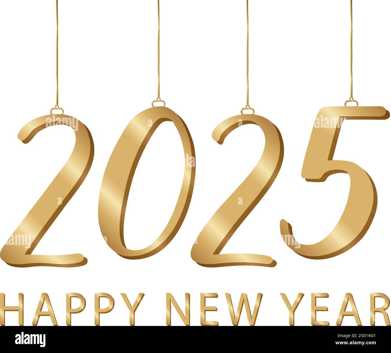 Gold funkelnde Zahlen 2025 hängen als Weihnachtsschmuck auf transparentem Hintergrund. Glückwunschkarte für das neue Jahr. Festliches Weihnachtsdesign, saisonal. Stock Vektor