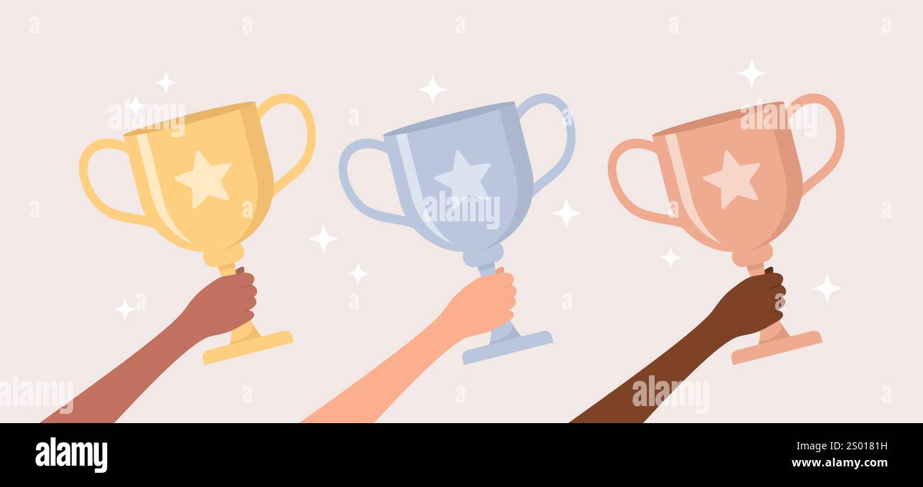 Hände von Menschen mit verschiedenen Hauttönen, die glänzende goldene, silberne und bronzene Trophäentassen auf einem beigen Hintergrund halten, flache Vektorillustration Stock Vektor