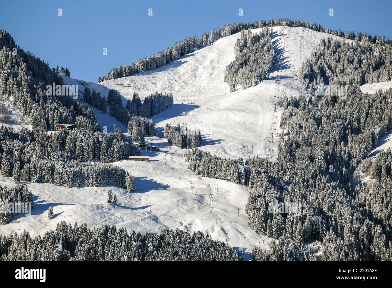 Schneebedeckte Winterlandschaft, Blick auf das Skigebiet Bolsterlanger Horn, Bolsterlang, Illertal, Oberallgaeu, Allgaeu, Bayern, Deutschland, Europa Stockfoto