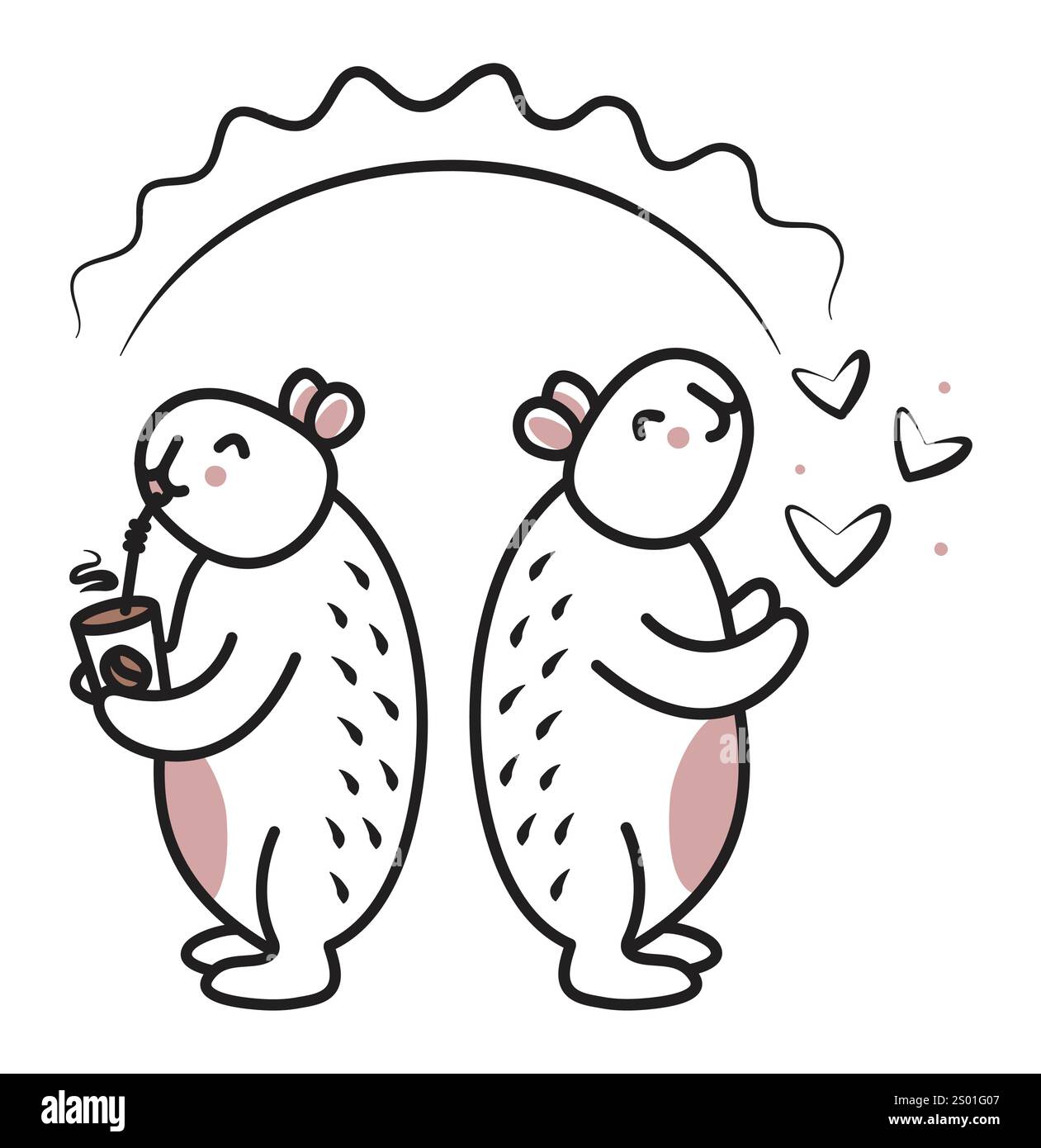 Zwei niedliche, skurrile Capybaras mit schwarzer Linie genießen einen sonnigen Tag, Vektorkritzeleien mit trendigen Kawaii-Charakteren mit einer Tasse Mokka-Mousse und Herzen, groß freundlich Stock Vektor Zwei niedliche, skurrile Capybaras mit schwarzer Linie genießen einen sonnigen Tag, Vektorkritzeleien mit trendigen Kawaii-Charakteren mit einer Tasse Mokka-Mousse und Herzen, groß freundlich Stock Vektor