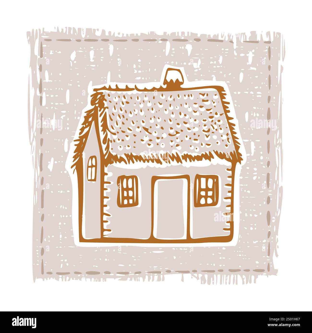 Skurrile schneebedeckte Hüttentür mit festlichem Weihnachtsmotiv im dezember. Winterurlaub soziale Medien niedliches handgezeichnetes festliches Heimkarten-Designelement Stock Vektor