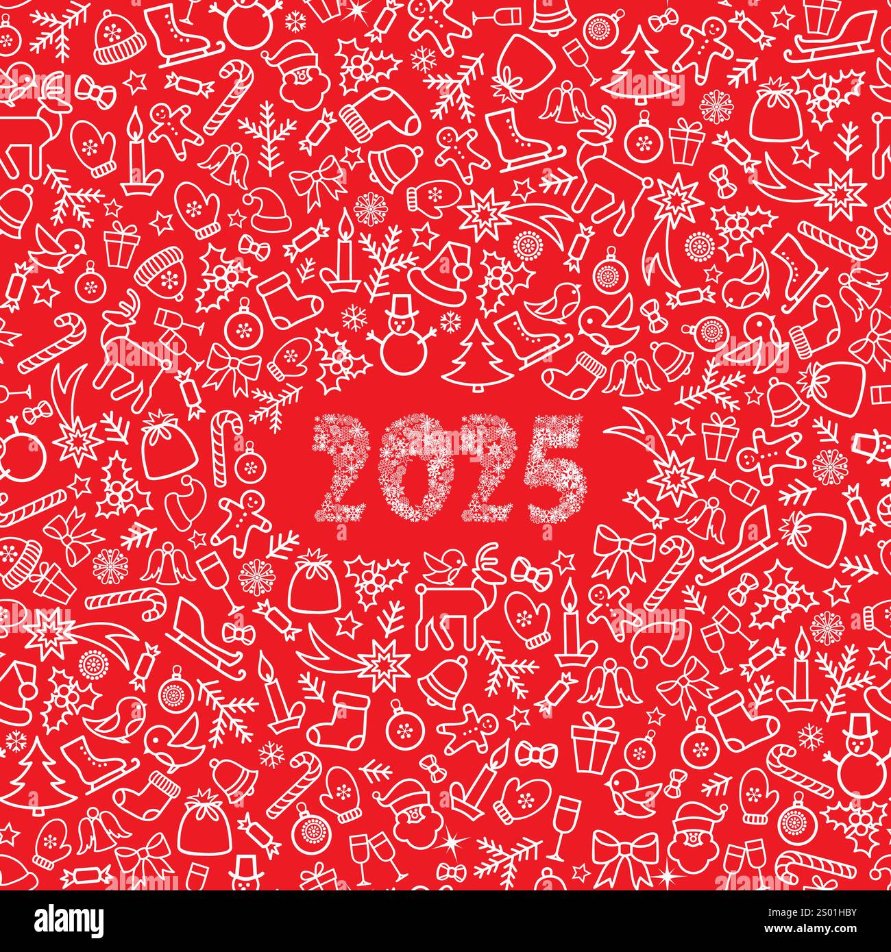 Weihnachtssymbole im Hintergrund mit verschneiten Zahlen 2025. Frohe Neujahrsgrüße. Noel Line Art Grußkarte mit handgeschriebenem Schriftzug 2025 Stock Vektor