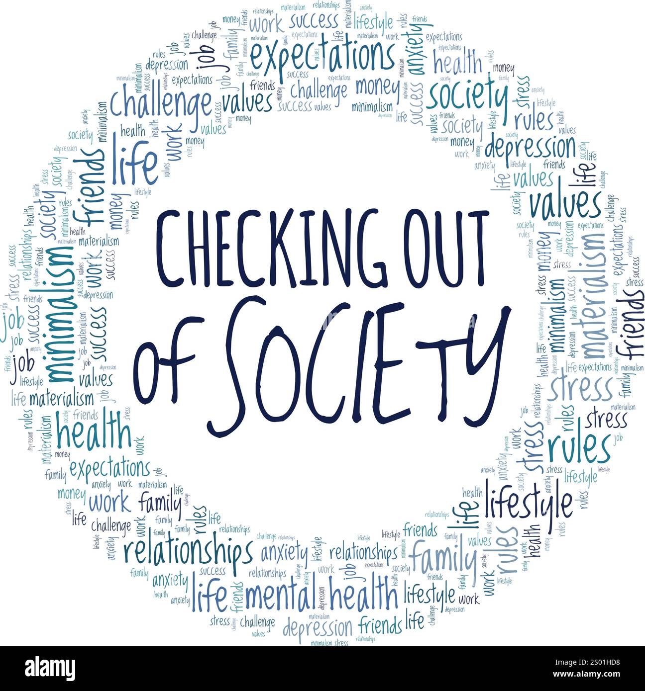 Auschecken des Konzeptdesigns von Society Word Cloud isoliert auf weißem Hintergrund. Stock Vektor
