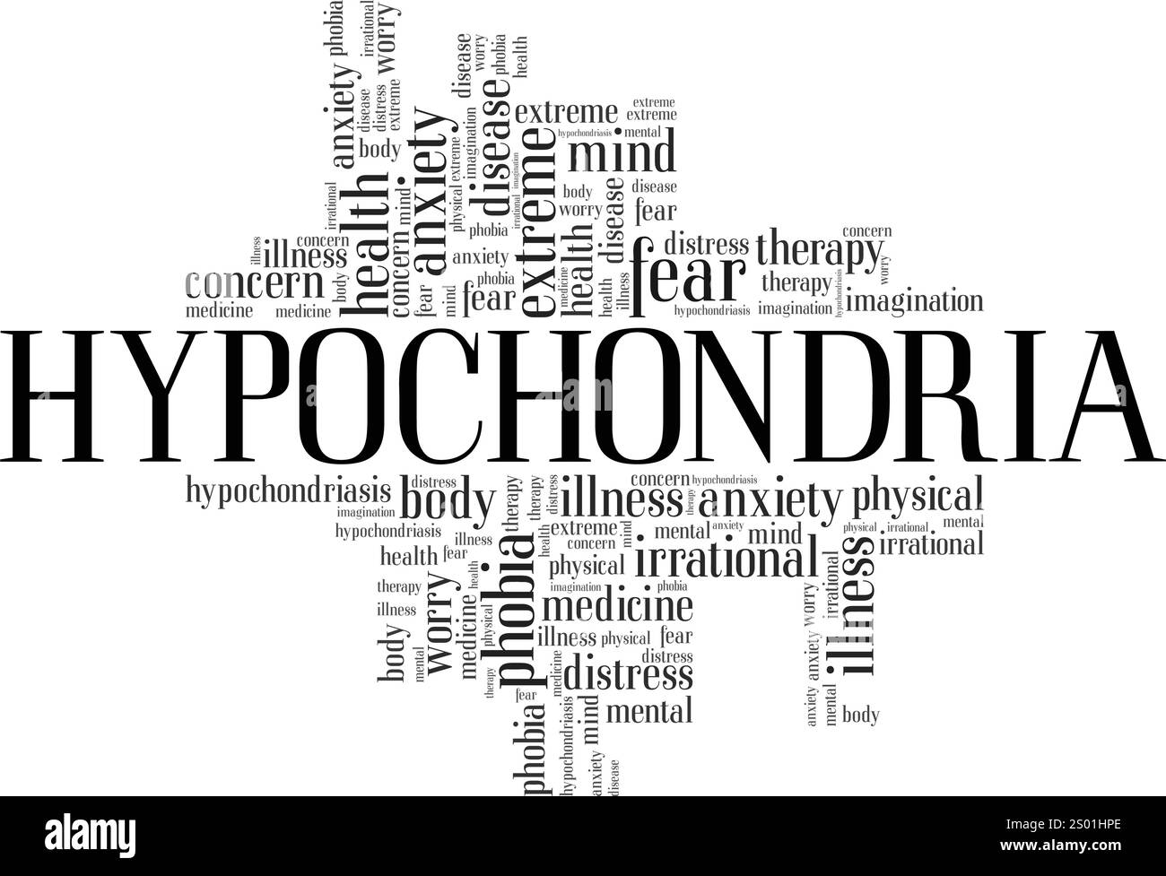 Hypochondrien: Gesundheit Angst Wort Wolke konzeptuelles Design isoliert auf weißem Hintergrund. Stock Vektor