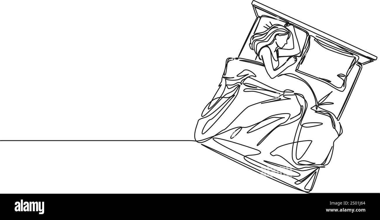 Kontinuierliche Linienzeichnung der im Bett schlafenden Frau, Linienkunstvektorillustration Stock Vektor Kontinuierliche Linienzeichnung der im Bett schlafenden Frau, Linienkunstvektorillustration Stock Vektor
