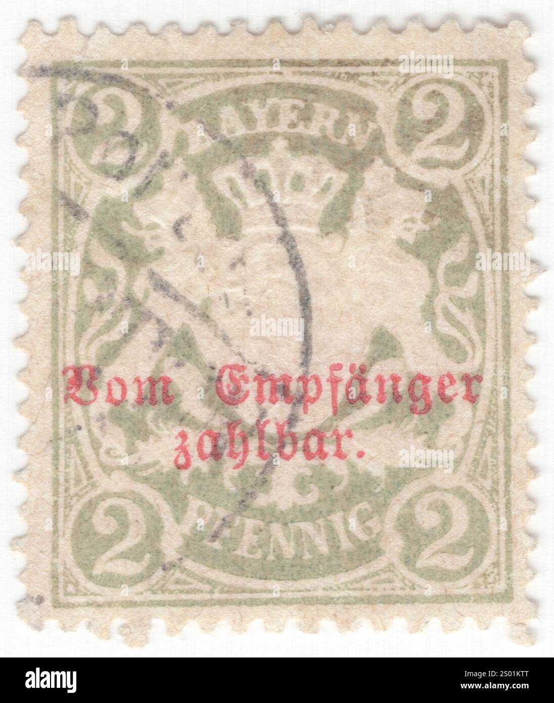 BAYERN — 1903: 2 pfennig grauer Briefmarken mit geprägtem Bayern-Wappen in rotem „vom Empfanger zahlbar“. Bayern war ein Königreich im Süden Deutschlands mit der Hauptstadt München, Mitglied des Deutschen Bundes und wurde 1870 Teil des Deutschen Reiches. Nach dem Ersten Weltkrieg erklärte sie sich zur republik. Am 31. März 1920 verlor sie ihre Postautonomie Stockfoto