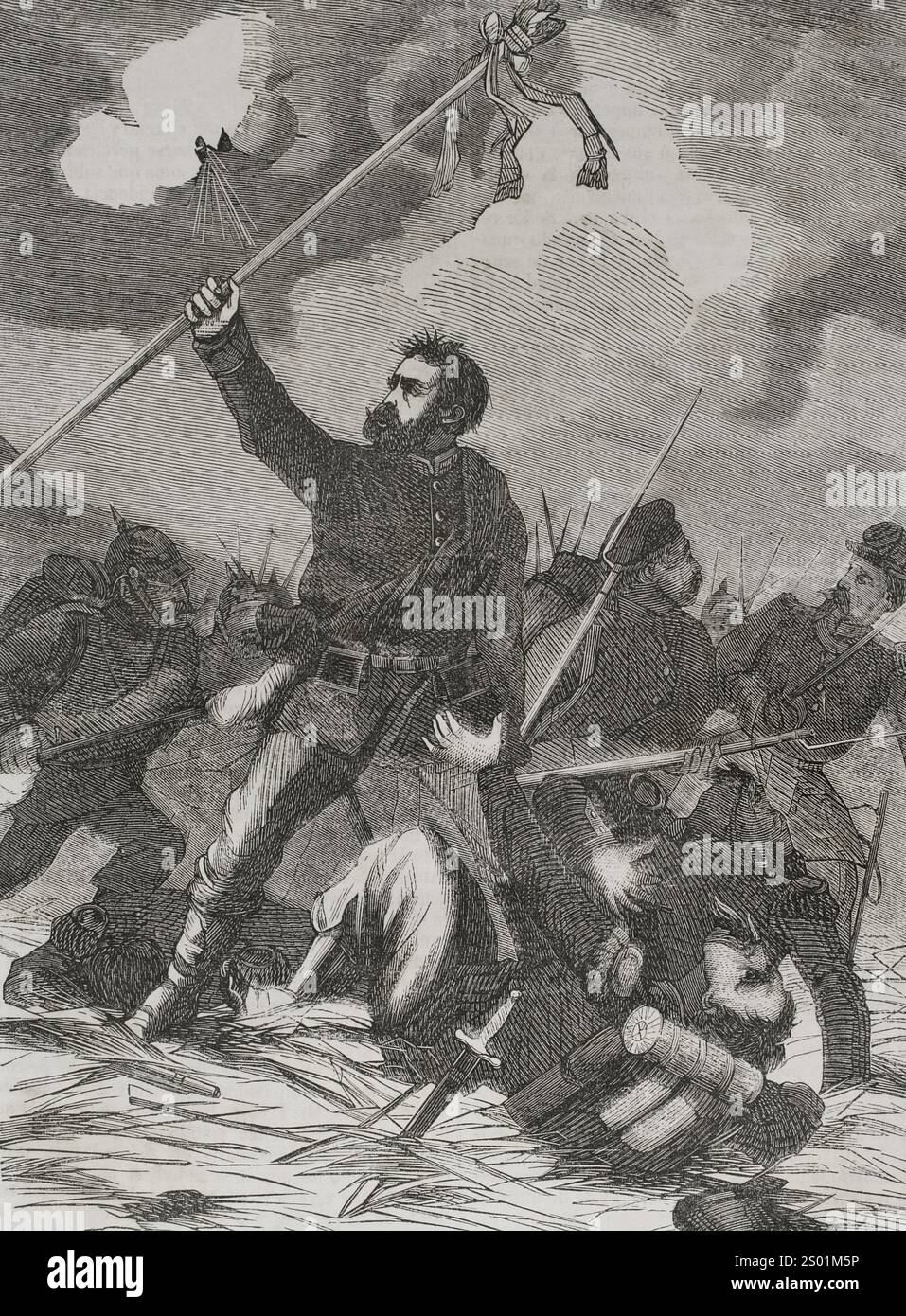 Deutsch-Französischer Krieg (1870–1871). Übernahme eines französischen Kaiseradlerstandards durch das 3. Posener Infanterieregiment Nr. 58 (V. Preußisches Armeekorps) in der Schlacht bei Wörth (6. August 1870). Gravur. Historia de la Guerra de Francia y Prusia (Geschichte des Krieges zwischen Frankreich und Preußen). Band I. veröffentlicht in Barcelona, 1870. Stockfoto