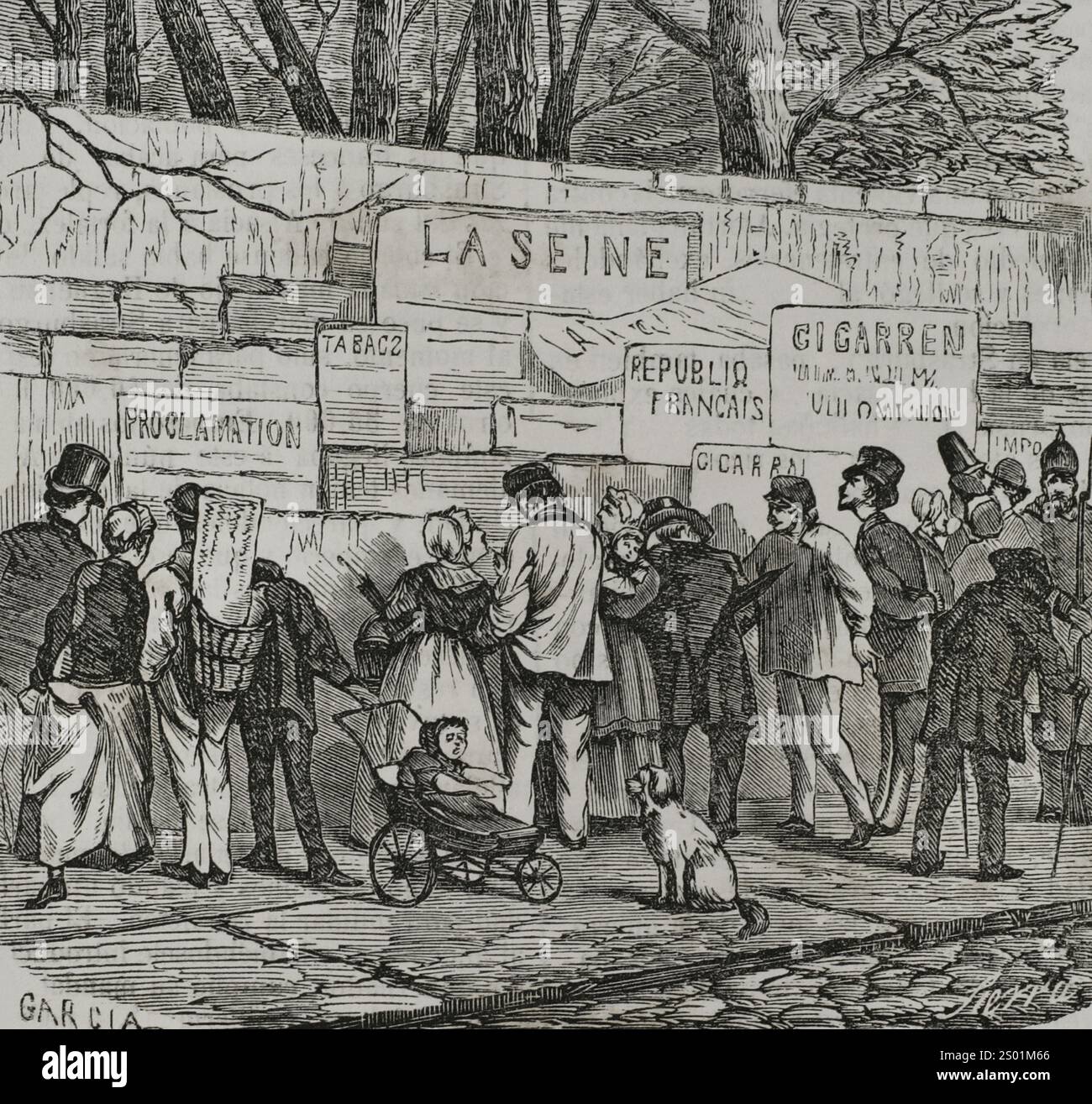 Deutsch-Französischer Krieg (1870–1871). Frankreich. Belagerung von Paris (19. September 1870 bis 28. Januar 1871). Die Leute lesen Notizen an der Ecke der Präfektur Versailles. Zeichnung von García. Gravur von Sierra. Historia de la Guerra de Francia y Prusia (Geschichte des Krieges zwischen Frankreich und Preußen). Band II. Veröffentlicht in Barcelona, 1871. Stockfoto