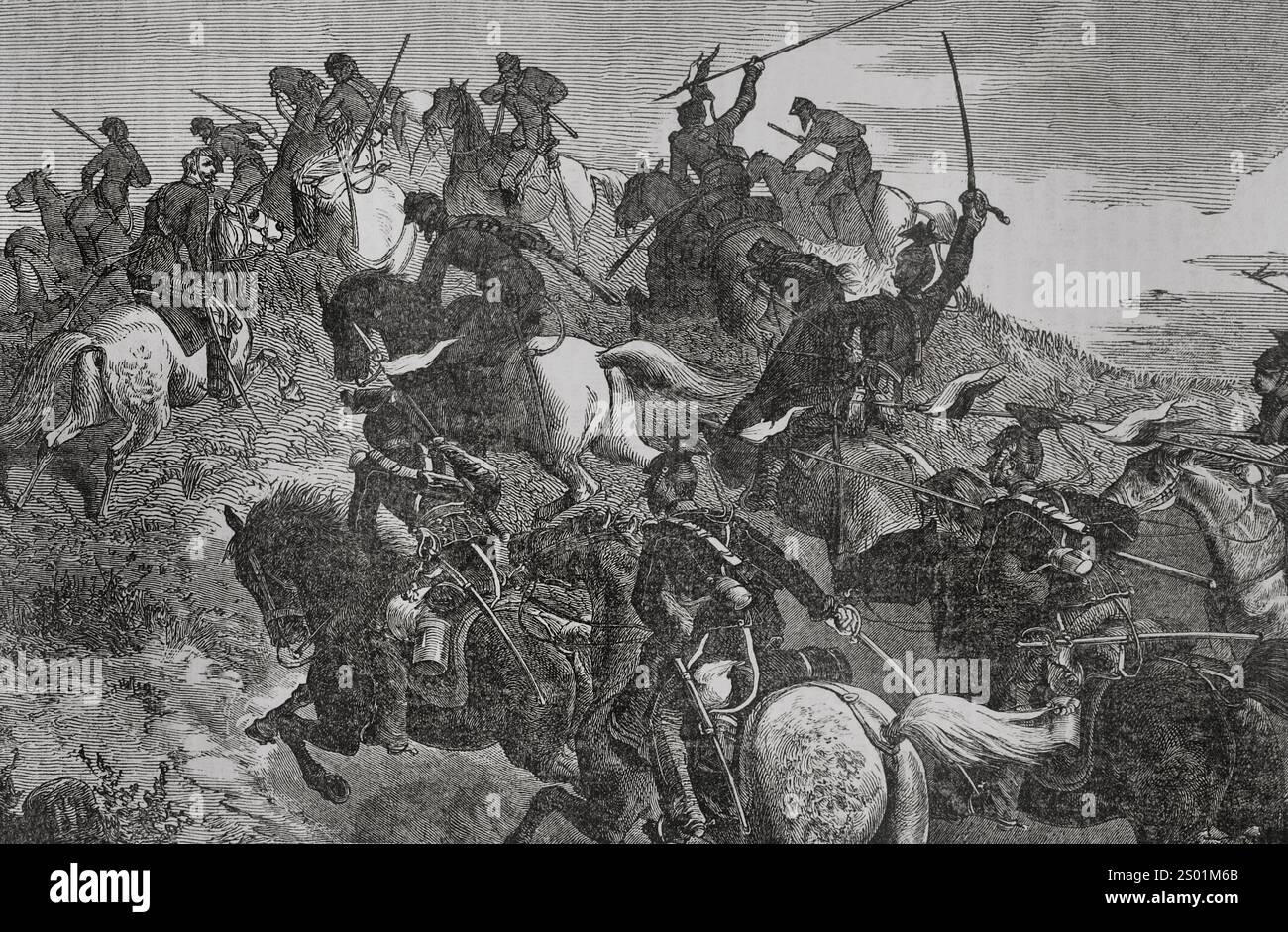 Deutsch-Französischer Krieg (1870–1871). Die Auseinandersetzung zwischen der preußischen Armee Uhlanen und den französischen Chasseurs d'Afrique. August 1870. Gravur. Historia de la Guerra de Francia y Prusia (Geschichte des Krieges zwischen Frankreich und Preußen). Band I. veröffentlicht in Barcelona, 1870. Stockfoto