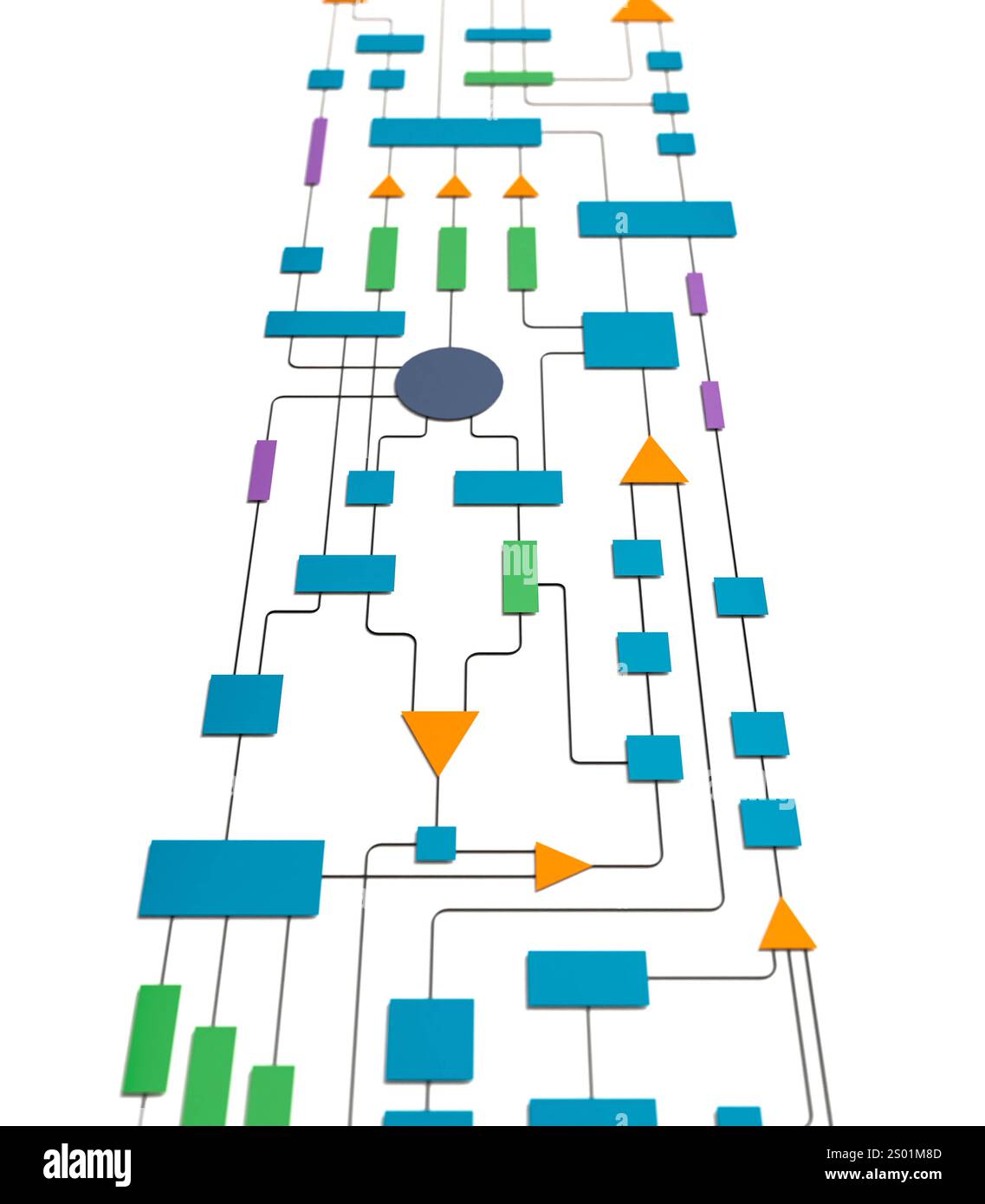 Business-Flow-Diagramm, Strategie, Plan, industrieller Prozess, Entscheidungsbaum. Business-Flow-Diagramm, Strategie, Plan, industrieller Prozess, Entscheidungsbaum. Diagramm mit Elementen, verbundenen Linien und geometrischen Formen. Karte, Diagramm, Knotenbaum, Verbindung. 3D-Abbildung img_business059s02_FLOW_Chart Stockfoto