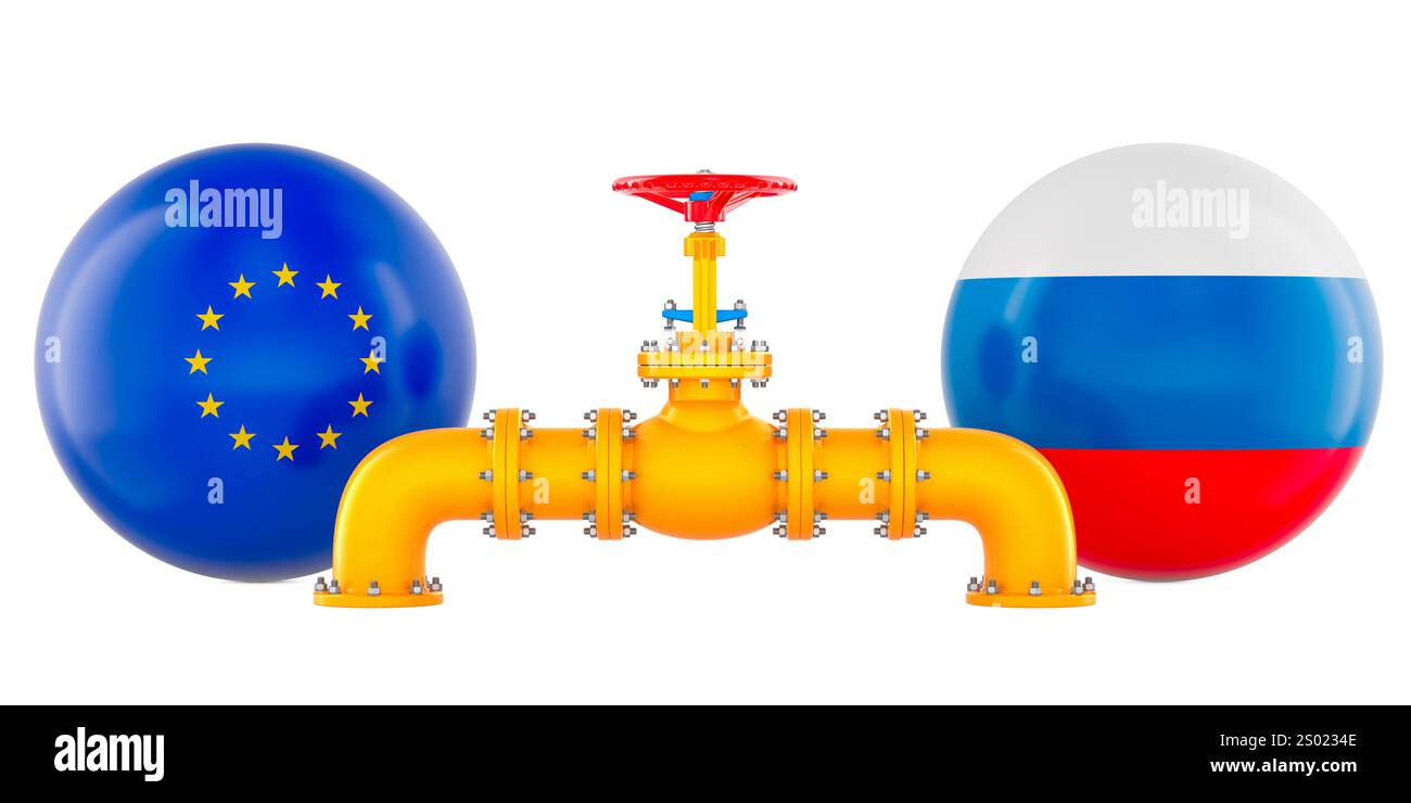 Erdgastransitabkommen zwischen Russland und der EU, Konzept. 3D-Rendering isoliert auf weißem Hintergrund Stockfoto