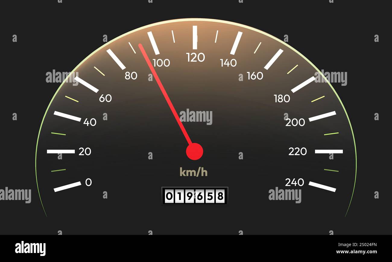 Realistischer Tachometer. Tachometerskala mit Hintergrundbeleuchtung isoliert auf schwarzer Vektorillustration Stock Vektor