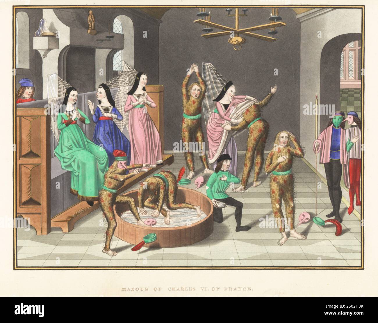 Der Bal des Ardents (Ball der brennenden Männer) im Hotel de St. Pol, 1393. Sechs Männer, darunter Karl VI., verkleidet als Satyr oder Holzwilde in der Maskerade, die in einer Tragödie endete, als ihre Kostüme in Brand gerieten. Die Herzogin von Berry rettete den König, indem sie ihn mit ihrem Gewand bedeckte. Ein anderer Ritter überlebte, indem er in eine Wanne mit Wasser sprang. Evan de Foix und drei weitere Ritter starben. Die Maske von König Karl VI. Von Frankreich. Aus Jean Froissarts Chroniques de France et d’Angleterre, Chronicles of France and England, British Library MS Royal 18.E.ii Handkolorierter Holzschnitt von Henry Shaw aus h Stockfoto