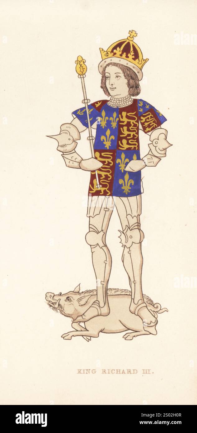 König Richard III. Von England, letzter der Plantagenets, 1452-1485. In Krone, Wappentunika oder Wappen mit viereckigen Wappen Frankreichs und Englands, Plattenrüstung, Zepter in der Hand, auf einem Eber stehend. Aus dem Rous Roll in der British Library. Handkolorierter Holzschnitt von Henry Shaw aus seinen eigenen Kleidern und Dekorationen des Mittelalters vom 7. Bis 17. Jahrhundert, William Pickering, London, 1843. Stockfoto