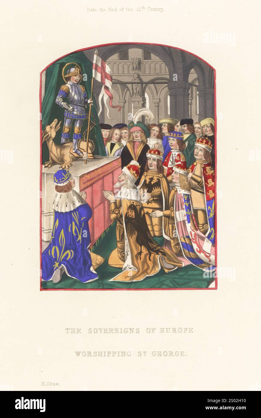 Die Herrscher Europas verehrten St. Georg, Ende des 15. Jahrhunderts. Vielleicht (L-R) Karl VIII., König von Frankreich, Kaiser Friedrich III., Maximilian König der Römer, Philipp Erzherzog von Österreich, Ferdinand von Spanien und Heinrich VII. Von England. Die Könige in Kronen, Hermine-Rüstungsgewänder und Rüstungen. St. George mit Wimpel, der auf einem Drachen steht. Handkolorierter Holzschnitt von Henry Shaw aus seinen eigenen Kleidern und Dekorationen des Mittelalters vom 7. Bis 17. Jahrhundert, William Pickering, London, 1843. Stockfoto