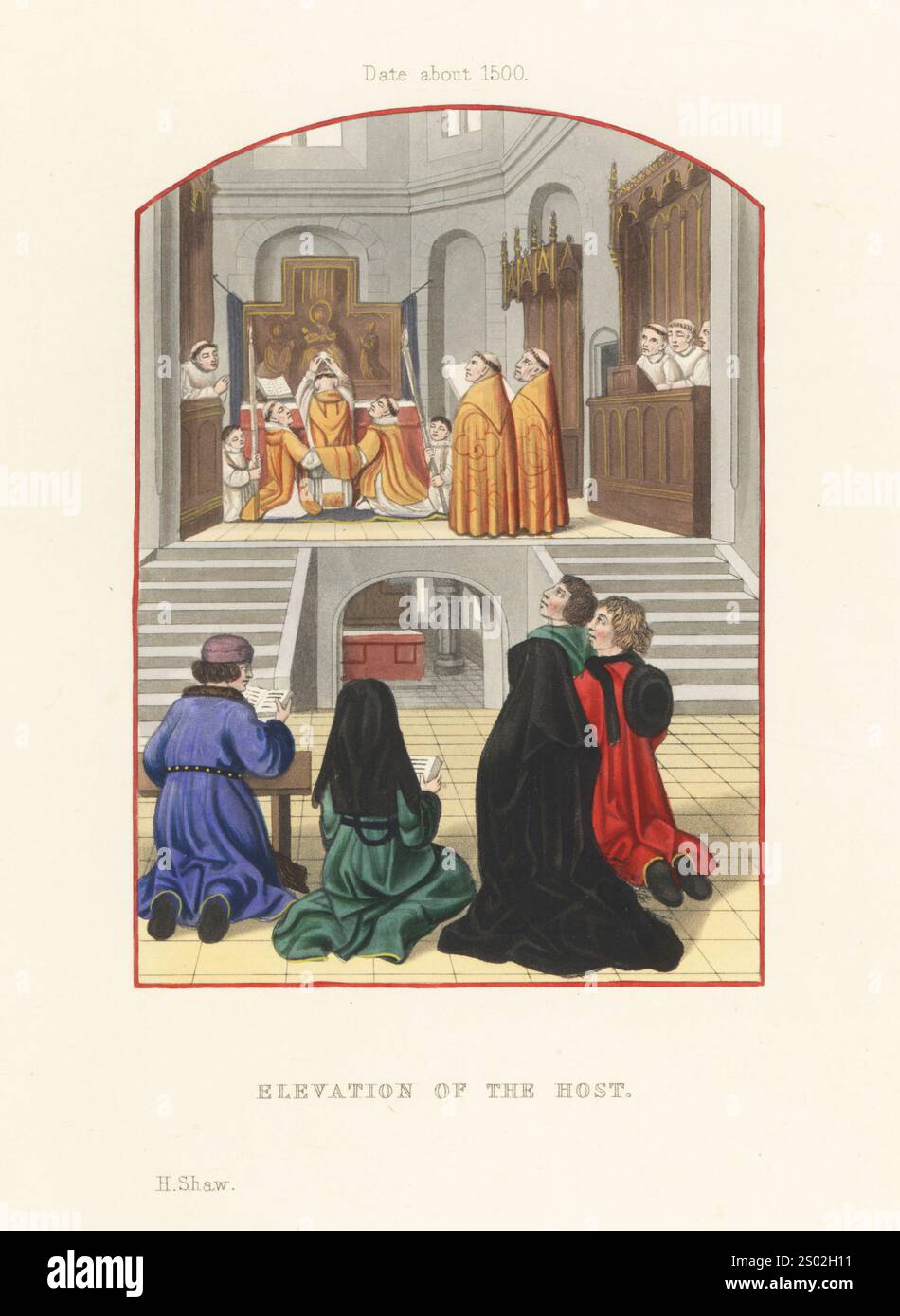 Erhebung des Wirtes in einer katholischen Messe, um 1500. Der Priester hebt den Wirt vor den Altar, Diakone auf den Knien, die seine Keule stützen, Akolyten und Kantoren im Chor. Pfarrer im Langhaus verehren. Von einer flämischen Miniatur auf Pergament. Handkolorierter Holzschnitt von Henry Shaw aus seinen eigenen Kleidern und Dekorationen des Mittelalters vom 7. Bis 17. Jahrhundert, William Pickering, London, 1843. Stockfoto
