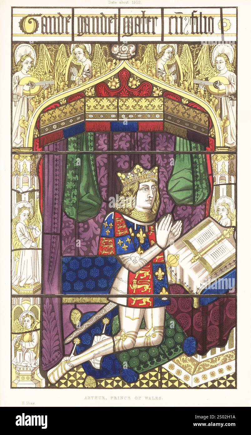 Arthur, Prinz von Wales, 1486-1502. Sohn von König Heinrich VII. Von England, verheiratete Katharina von Aragon und starb im Alter von 16 Jahren an einer unbekannten Krankheit. In Krone, Wappentunika mit geviertelten Wappen von England und Frankreich über einem Anzug aus Plattenpanzer, kniend an einem Altar unter einem reichen Baldachin. Engel spielen Musik auf Harfe, Dudelsack, Laute, Horn usw. Aus einem Buntglasfenster in der Priory Great Malvern, um 1502. Handkolorierter Holzschnitt von Henry Shaw aus seinen eigenen Kleidern und Dekorationen des Mittelalters vom 7. Bis 17. Jahrhundert, William Pickering, London, 1843. Stockfoto