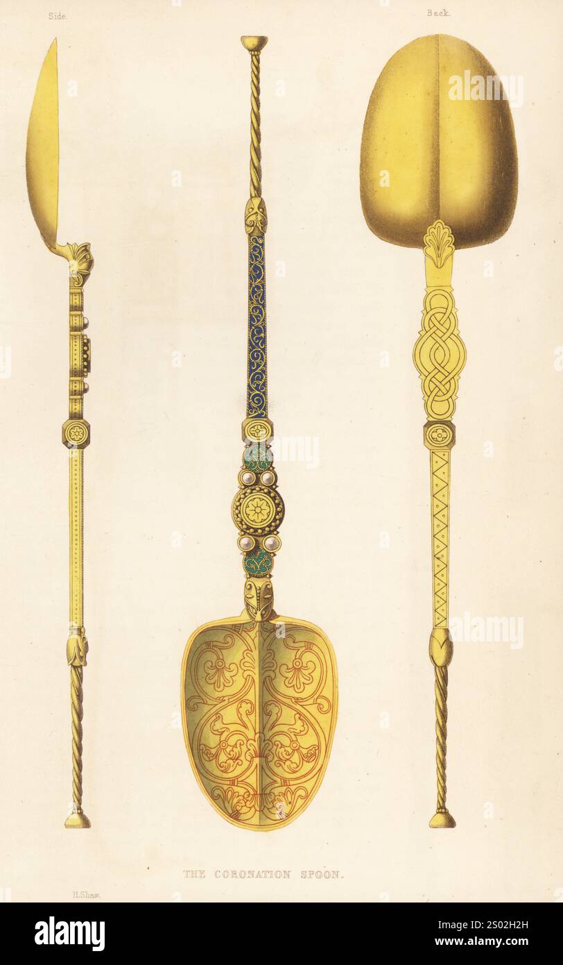 Der Krönungslöffel, seitlich, vorne und hinten, 12. Jahrhundert. Goldener Löffel mit eleganter filigraner Gravur an Schüssel und Griff. Im Tower of London. Handkolorierter Holzschnitt von Henry Shaw aus seinen eigenen Kleidern und Dekorationen des Mittelalters vom 7. Bis 17. Jahrhundert, William Pickering, London, 1843. Stockfoto