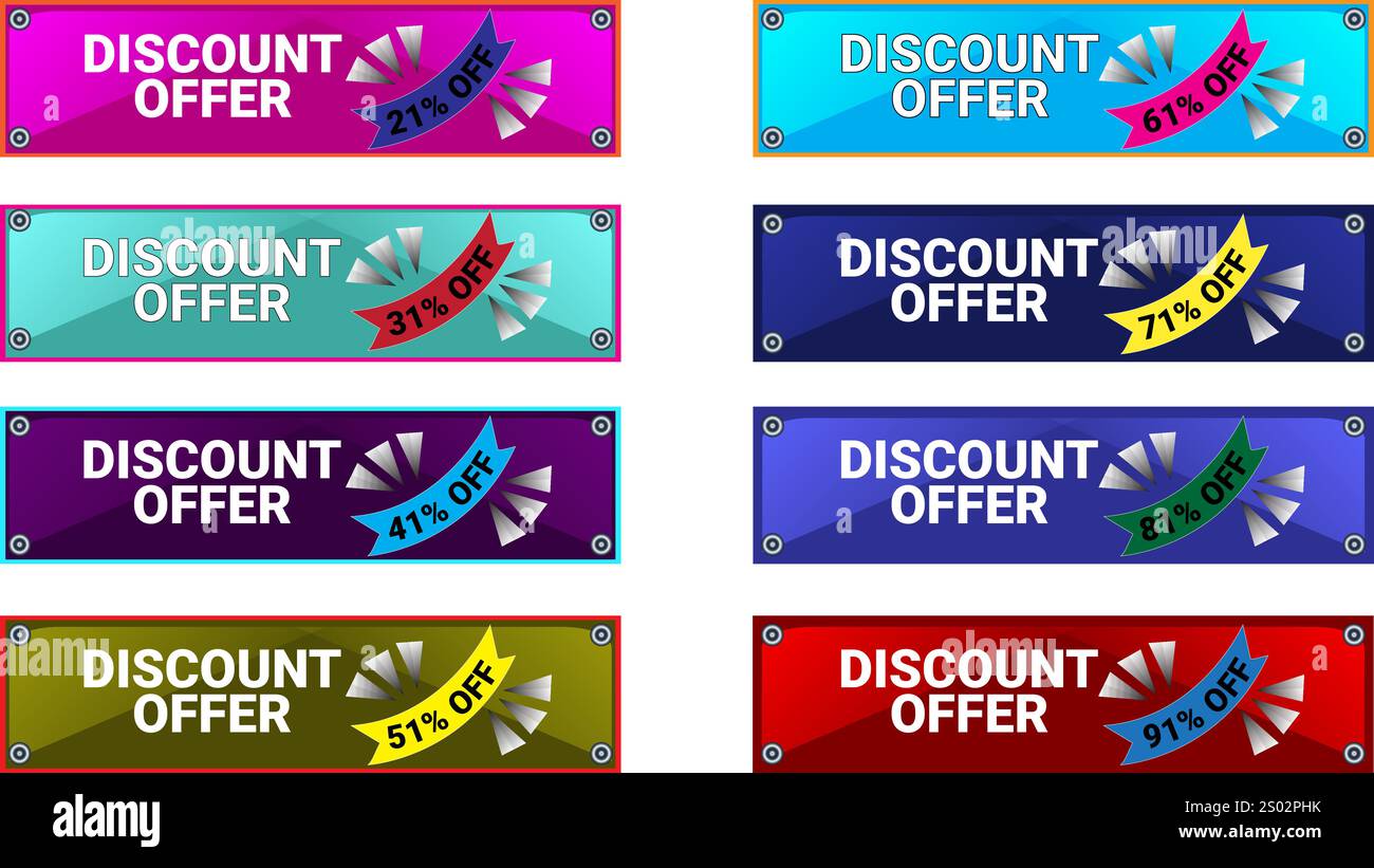 Set aus acht rechteckigen Werbebändern mit 21 31 41 51 61 71 81 und 91 % Rabatt in verschiedenen Farben Stock Vektor