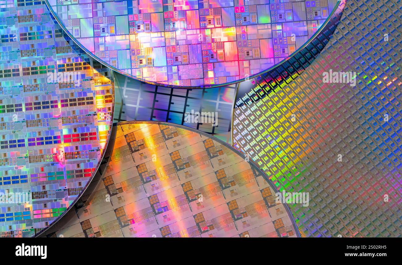 Silizium-Wafer und -Mikroschaltungen aus Halbleitermaterial, verwendet in der Elektronik zur Herstellung integrierter Schaltungen Stockfoto