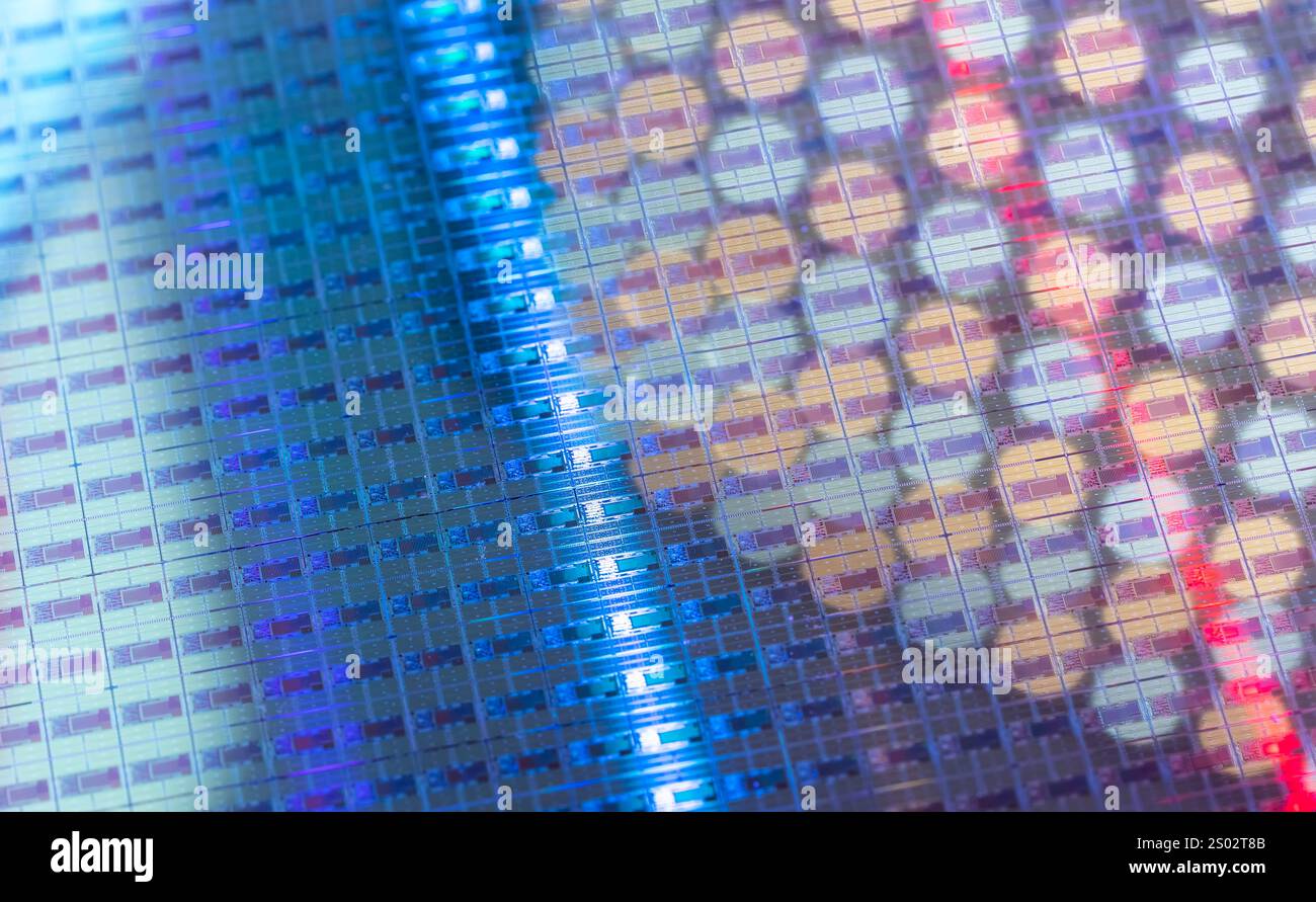 Silizium-Wafer und -Mikroschaltungen aus Halbleitermaterial, verwendet in der Elektronik zur Herstellung integrierter Schaltungen Stockfoto