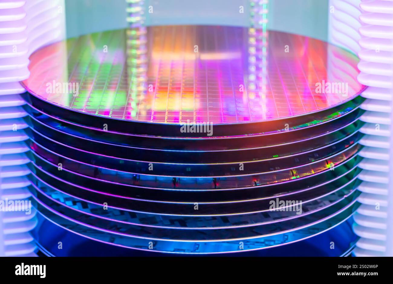 Silizium-Wafer unter Reinraumfertigung in Kunststoffhalterbox, integrierte Schaltungen zur Herstellung von CPU und GPU Stockfoto