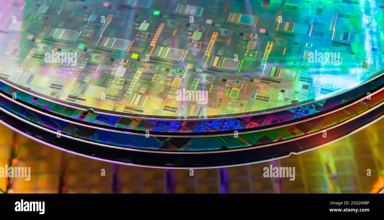 Silizium-Wafer unter Reinraumfertigung in Kunststoffhalterbox, integrierte Schaltungen zur Herstellung von CPU und GPU Stockfoto