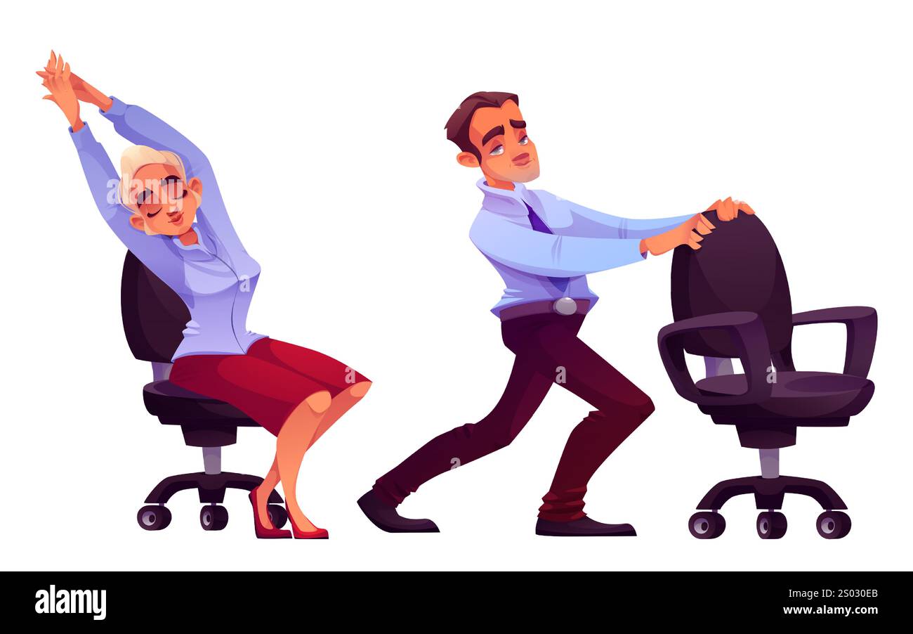 Büroangestellte, die Dehnungsübungen auf weißem Hintergrund ausführen. Vektor-Cartoon-Illustration von Mann und Frau, die Yoga-Workout in der Pause haben, um sich zu entspannen, gesunden Lebensstil, Fitness am Arbeitsplatz Stock Vektor
