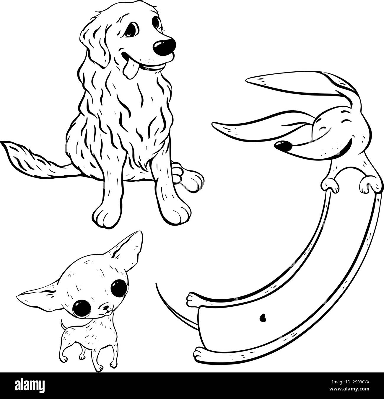 Eine verspielte Illustration von Cartoon-Haustieren Dackel, Golden Retriever, Chihuahua und eine glückliche Hasenvorführung Freude. Abbildung der Vektorskizze. Tierhandlung Stock Vektor
