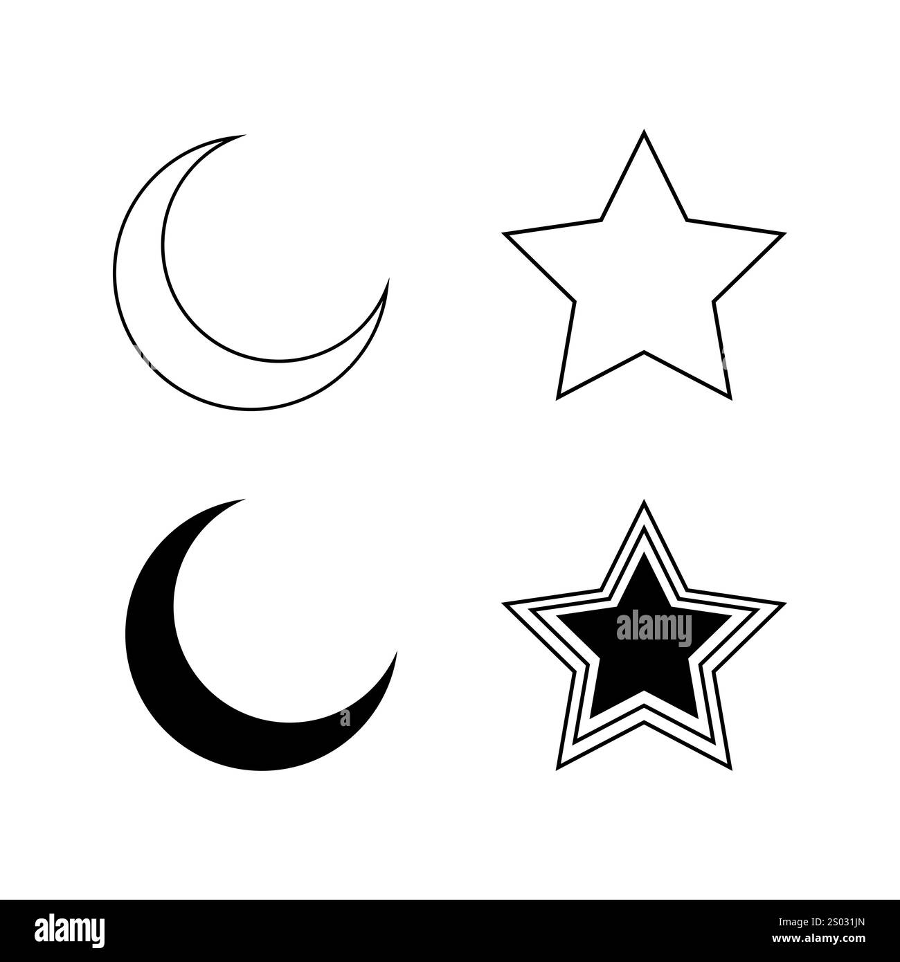 Sammlung von islamischen Symbolen Vektor mit Halbmond und Stern in Umrissen und soliden Symbolen Stock Vektor