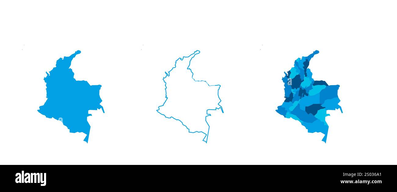 Kolumbien Set aus drei Karten: Durchgehende Karte, Umrisskarte und Karte mit den Verwaltungsbereichen. Drei unterschiedliche Karten zeigen verschiedene Darstellungen eines geografischen Gebiets. Stock Vektor